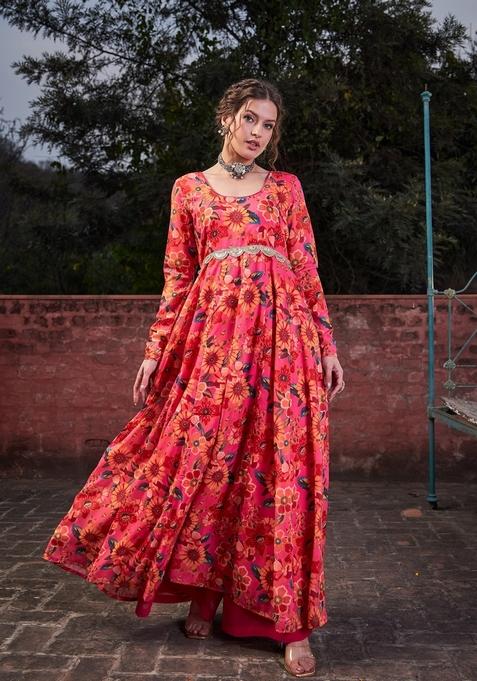 Pink Embroidered Polyester Anarkali Kurta