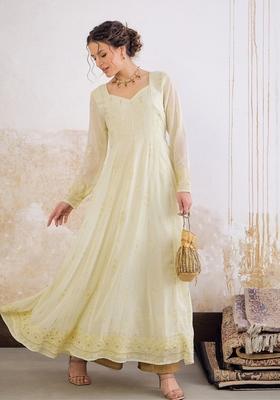 Yellow Embroidered Polyester Anarkali Kurta