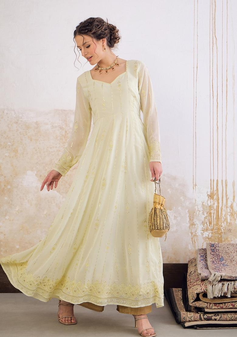 Yellow Embroidered Polyester Anarkali Kurta