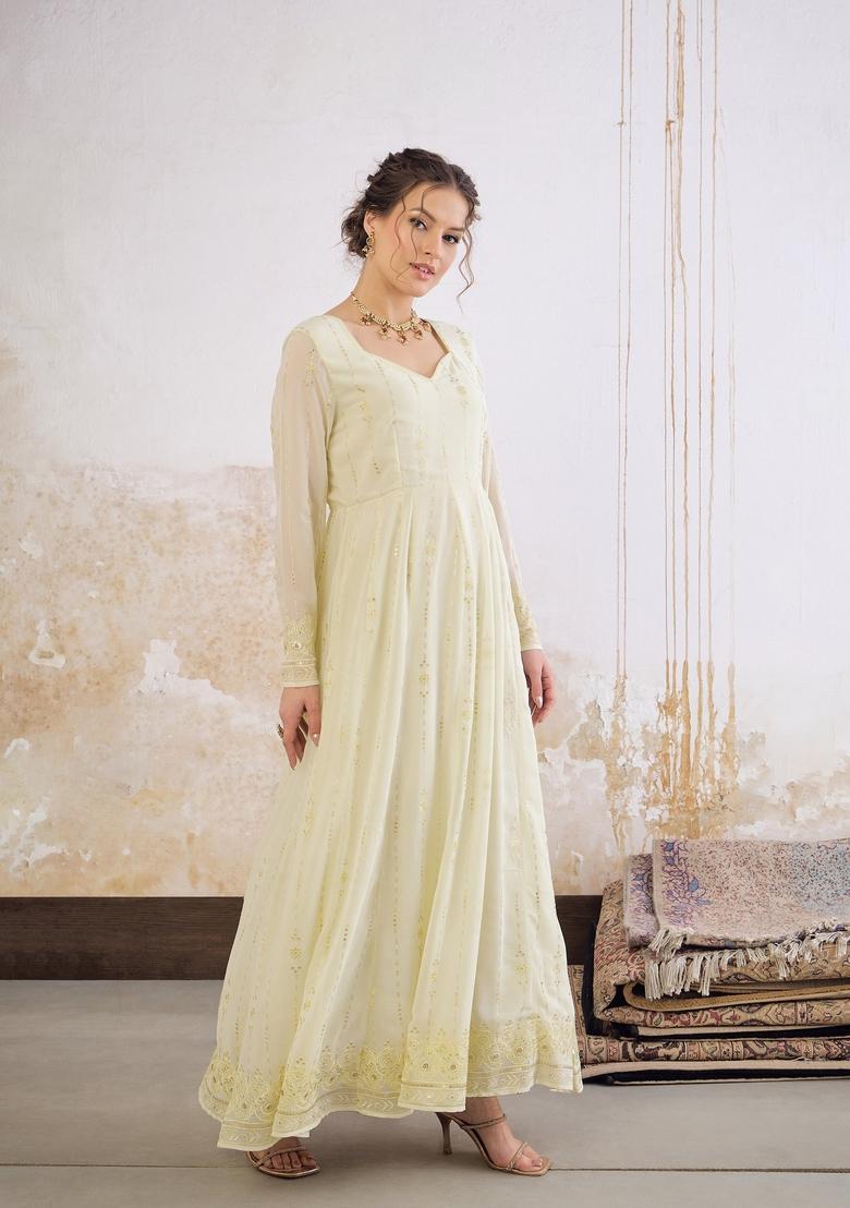 Yellow Embroidered Polyester Anarkali Kurta
