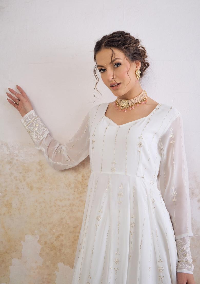White Embroidered Polyester Anarkali Kurta