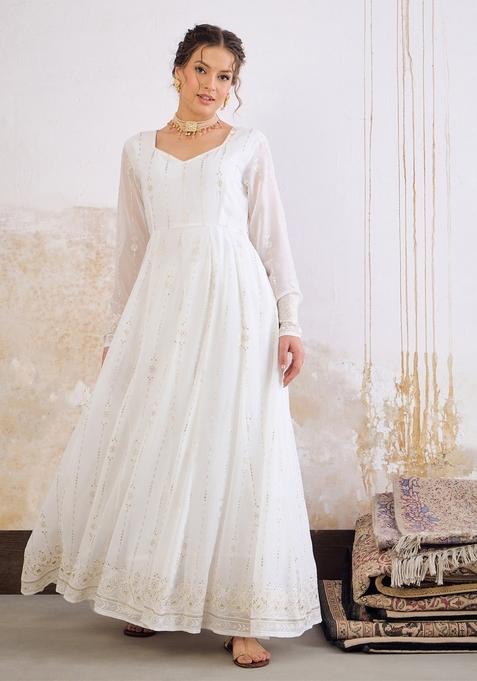 White Embroidered Polyester Anarkali Kurta