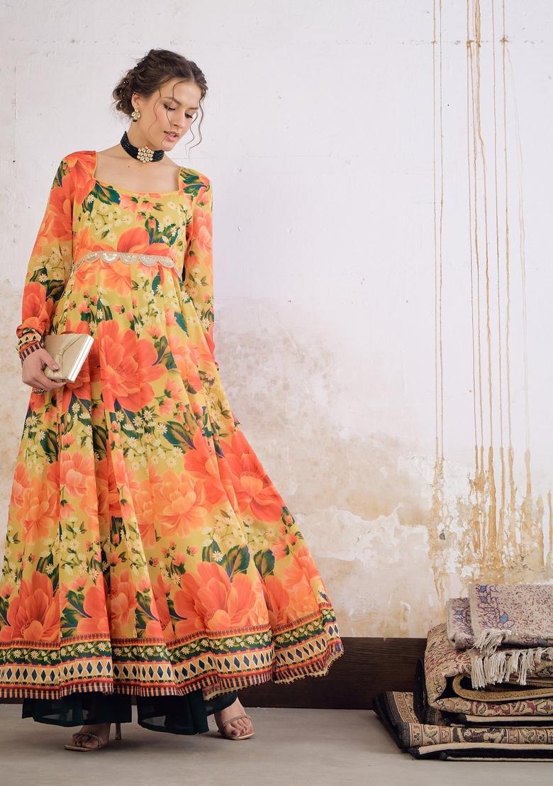 Yellow Embroidered Polyester Anarkali Kurta
