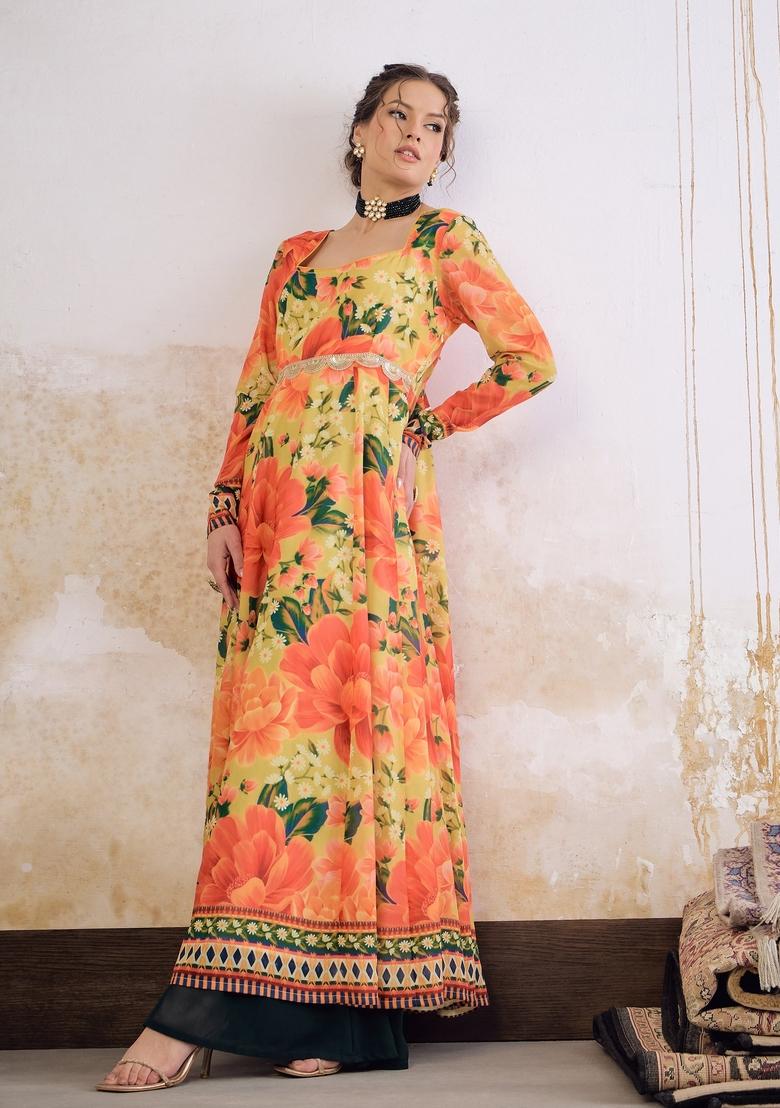 Yellow Embroidered Polyester Anarkali Kurta