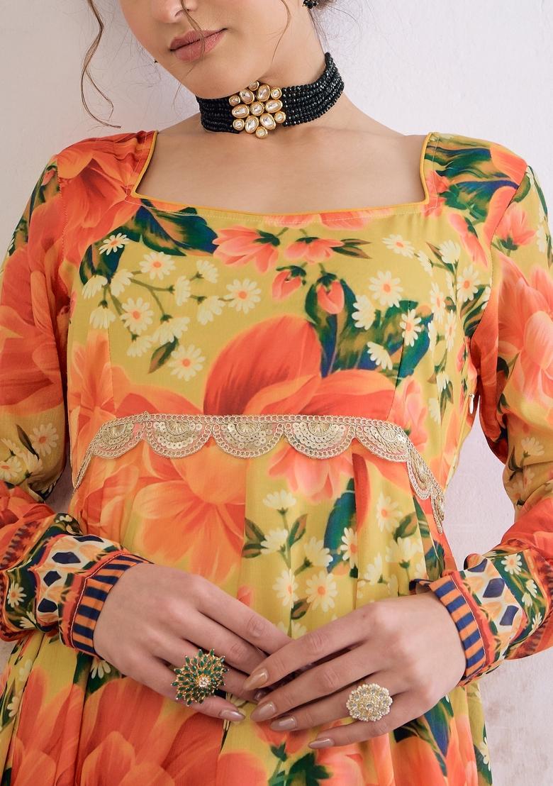 Yellow Embroidered Polyester Anarkali Kurta