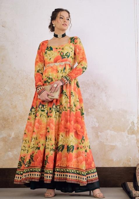 Yellow Embroidered Polyester Anarkali Kurta