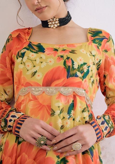 Yellow Embroidered Polyester Anarkali Kurta