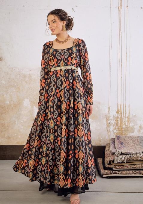 Black Embroidered Polyester Anarkali Kurta