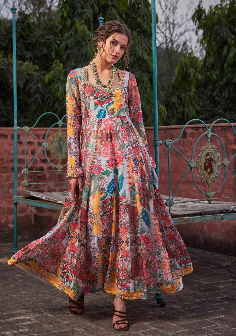 White Embroidered Polyester Anarkali Kurta