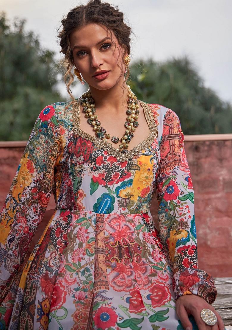 White Embroidered Polyester Anarkali Kurta