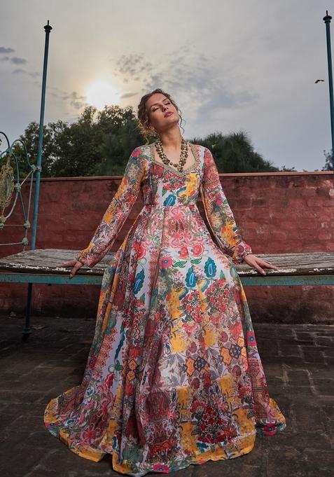 White Embroidered Polyester Anarkali Kurta