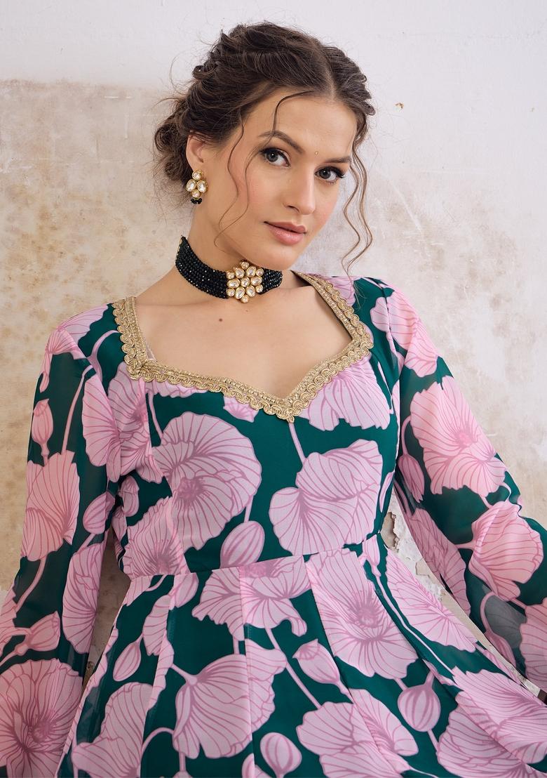 Green Embroidered Polyester Anarkali Kurta