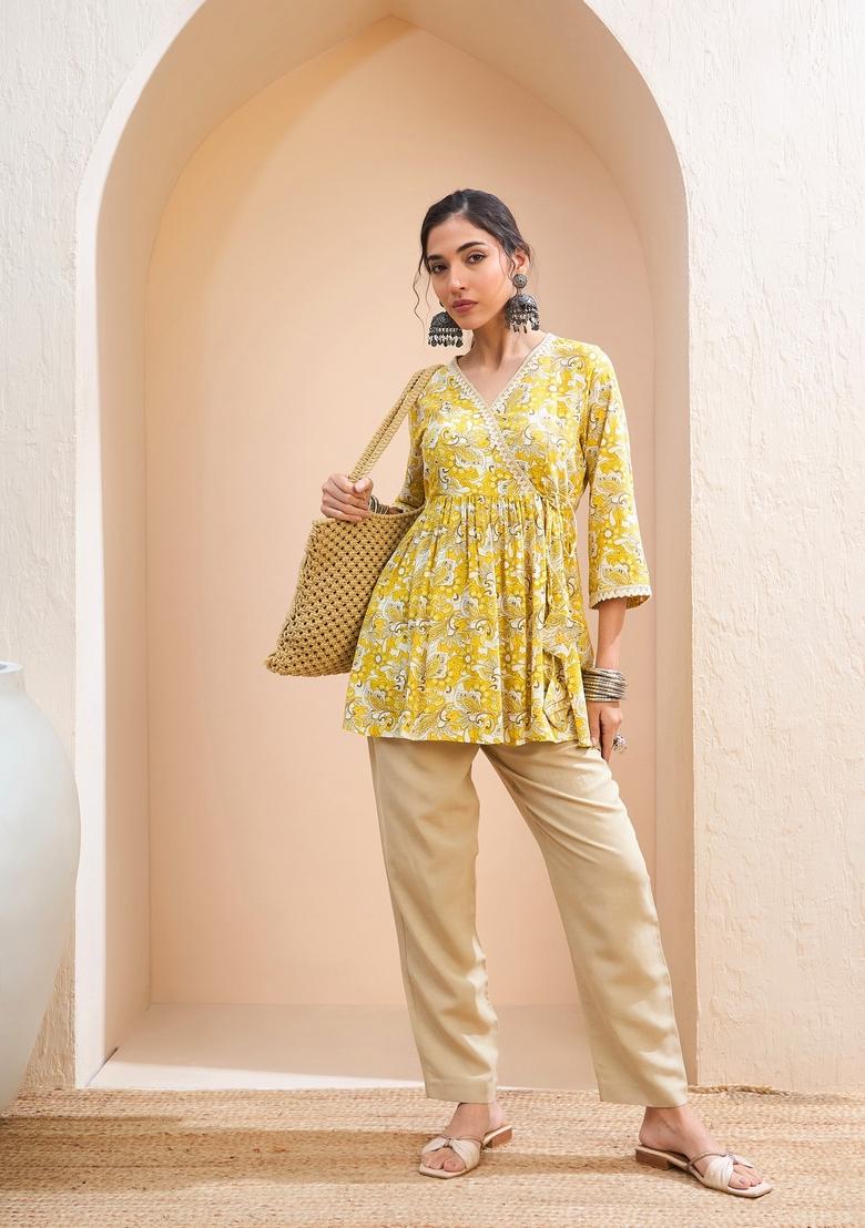 Yellow Embroidered Rayon Kurti