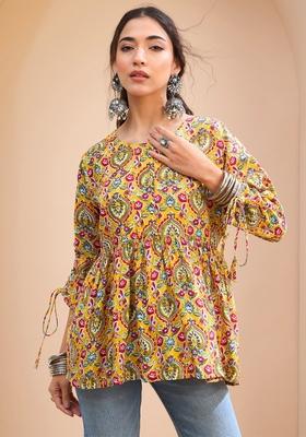 Yellow Embroidered Rayon Kurti