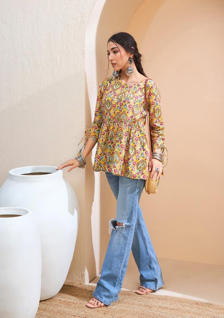 Yellow Embroidered Rayon Kurti