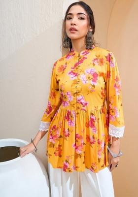 Yellow Embroidered Rayon Kurti