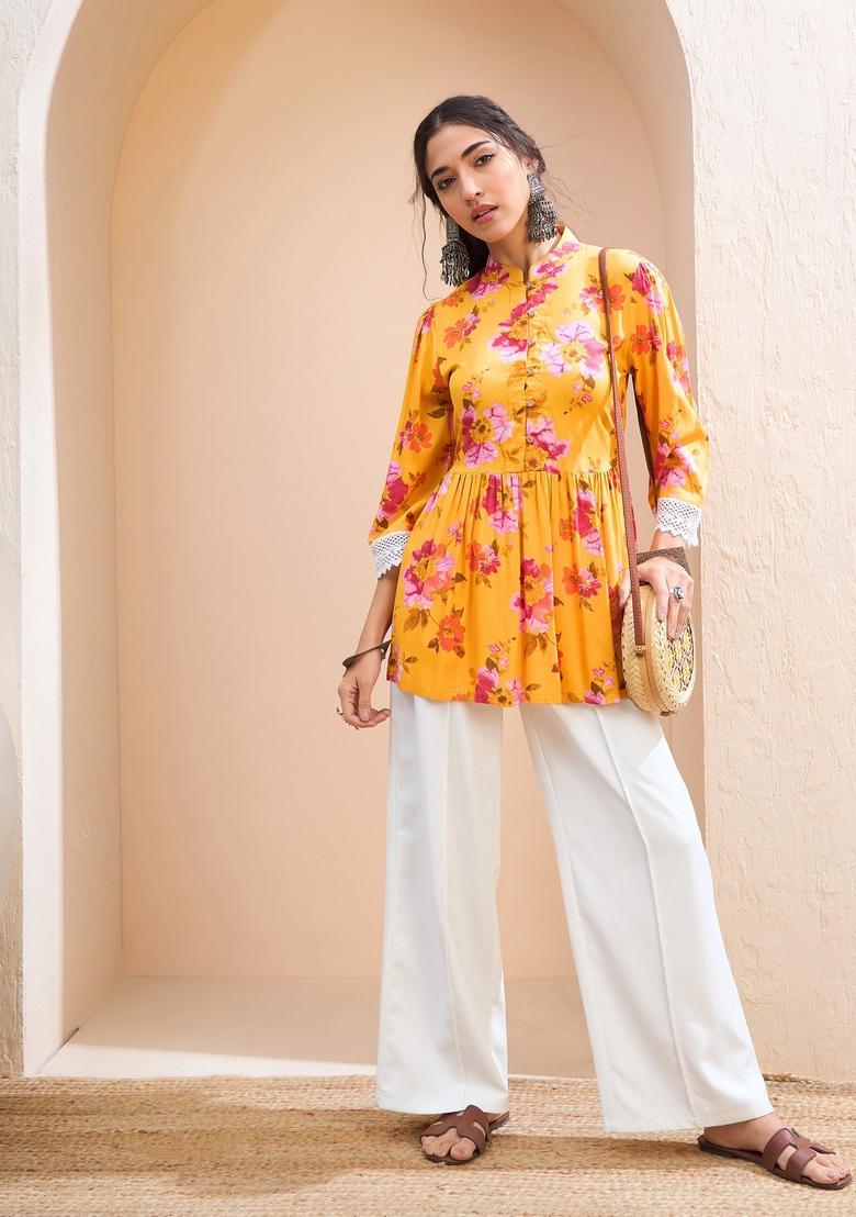 Yellow Embroidered Rayon Kurti