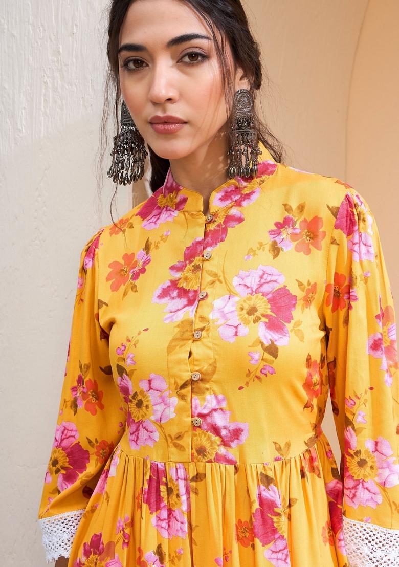 Yellow Embroidered Rayon Kurti