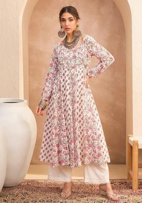 White Embroidered Cotton Anarkali Kurta