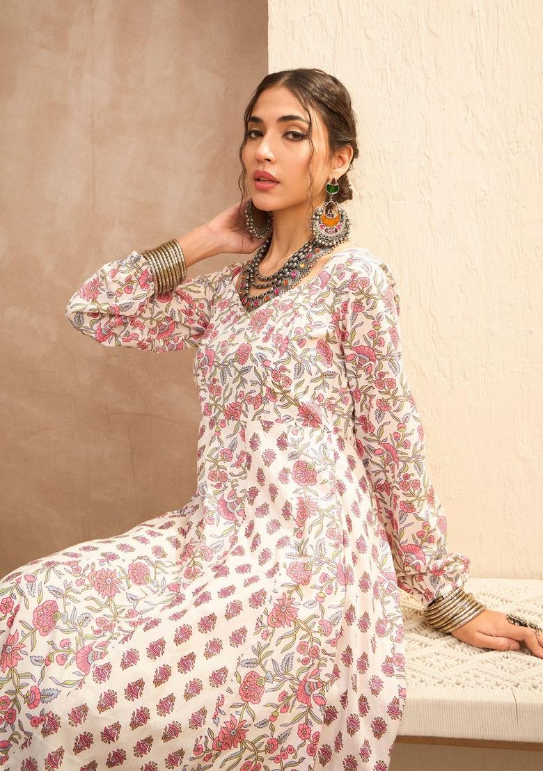 White Embroidered Cotton Anarkali Kurta