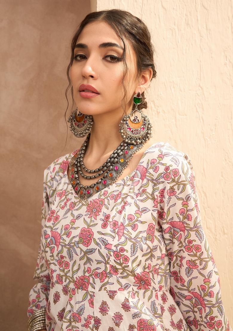 White Embroidered Cotton Anarkali Kurta