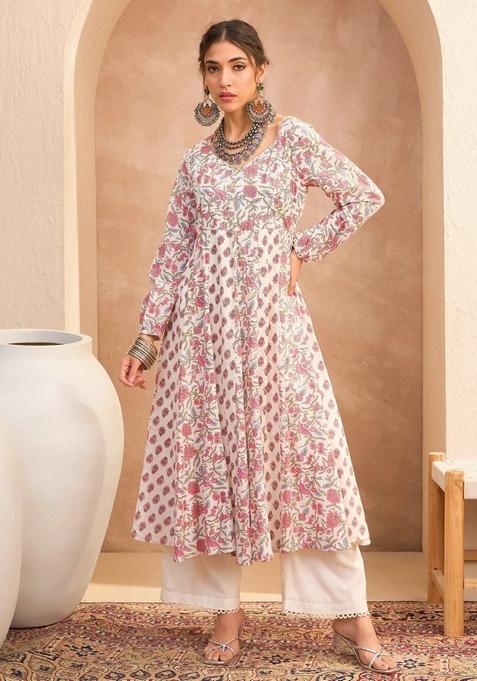 White Embroidered Cotton Anarkali Kurta