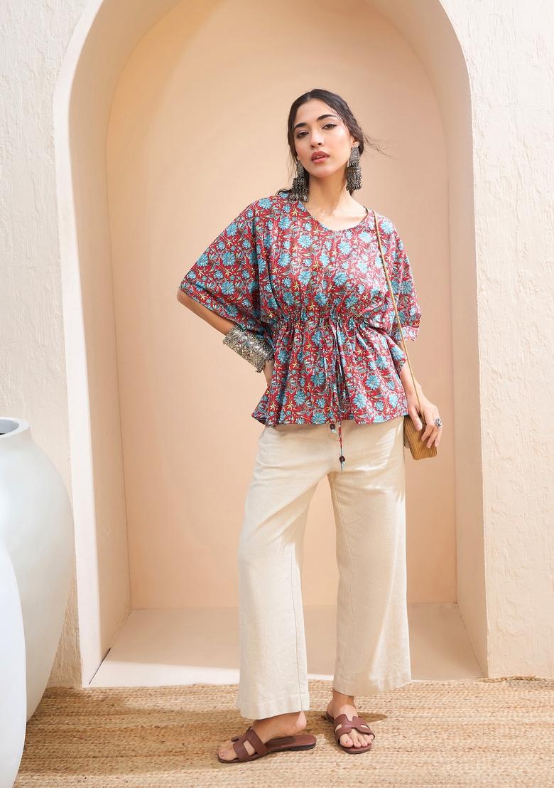 Red Embroidered Cotton Kurti