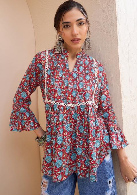 Red Embroidered Cotton Kurti