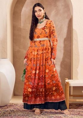 Orange Embroidered Polyester Anarkali Kurta