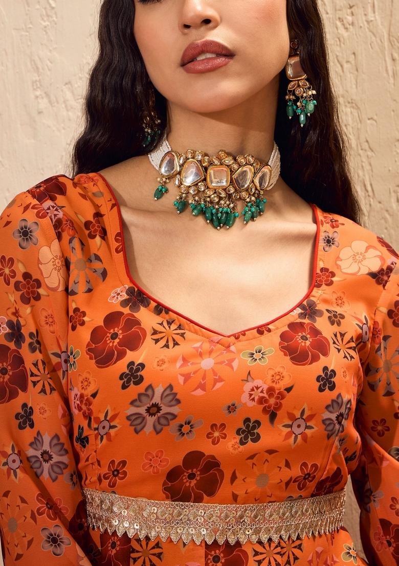 Orange Embroidered Polyester Anarkali Kurta