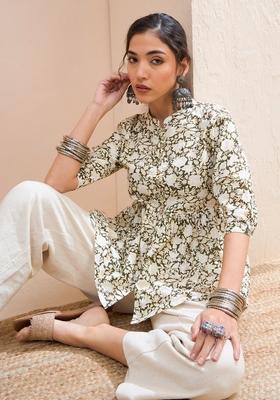 Olive Embroidered Cotton Kurti