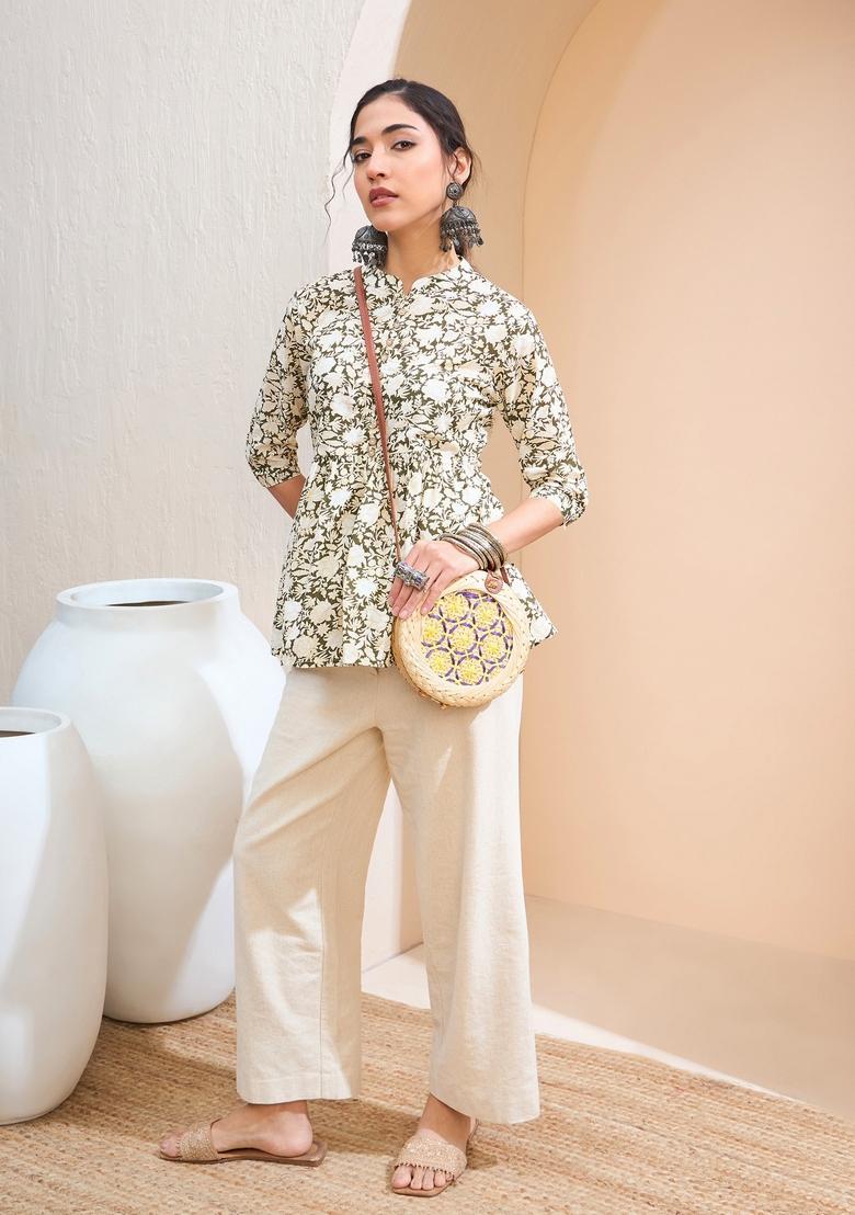 Olive Embroidered Cotton Kurti