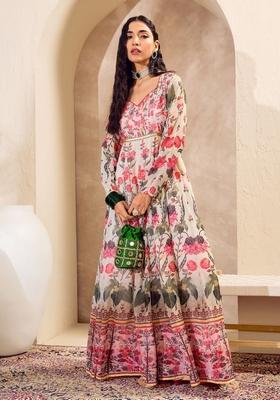 Off White Embroidered Polyester Anarkali Kurta
