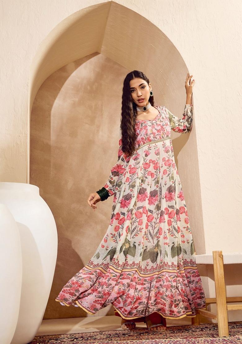 Off White Embroidered Polyester Anarkali Kurta