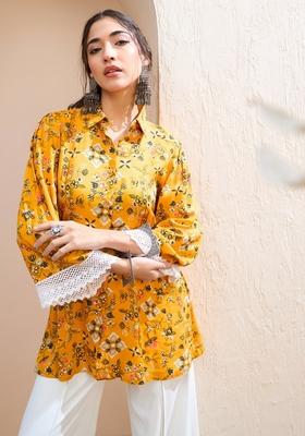 Mustard Yellow Embroidered Rayon Kurti