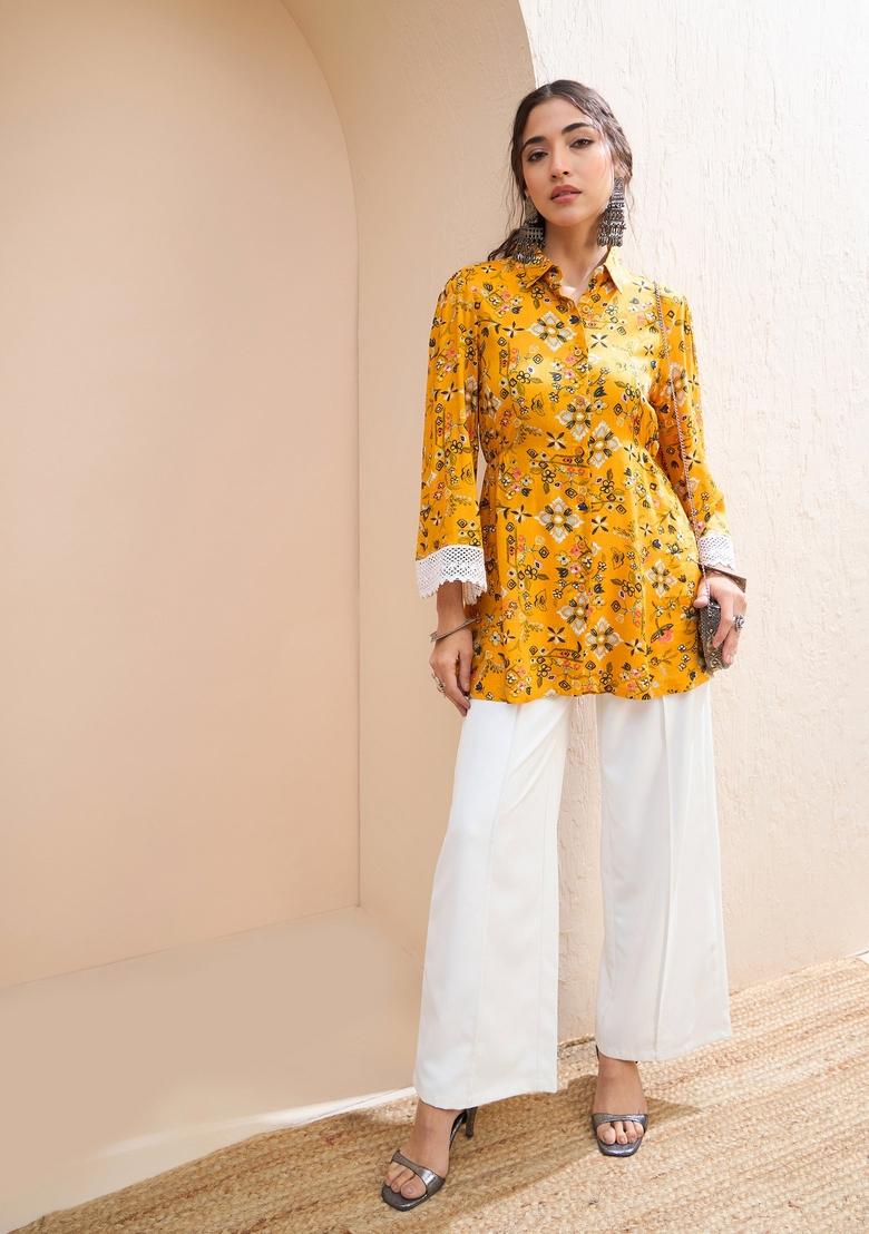 Mustard Yellow Embroidered Rayon Kurti