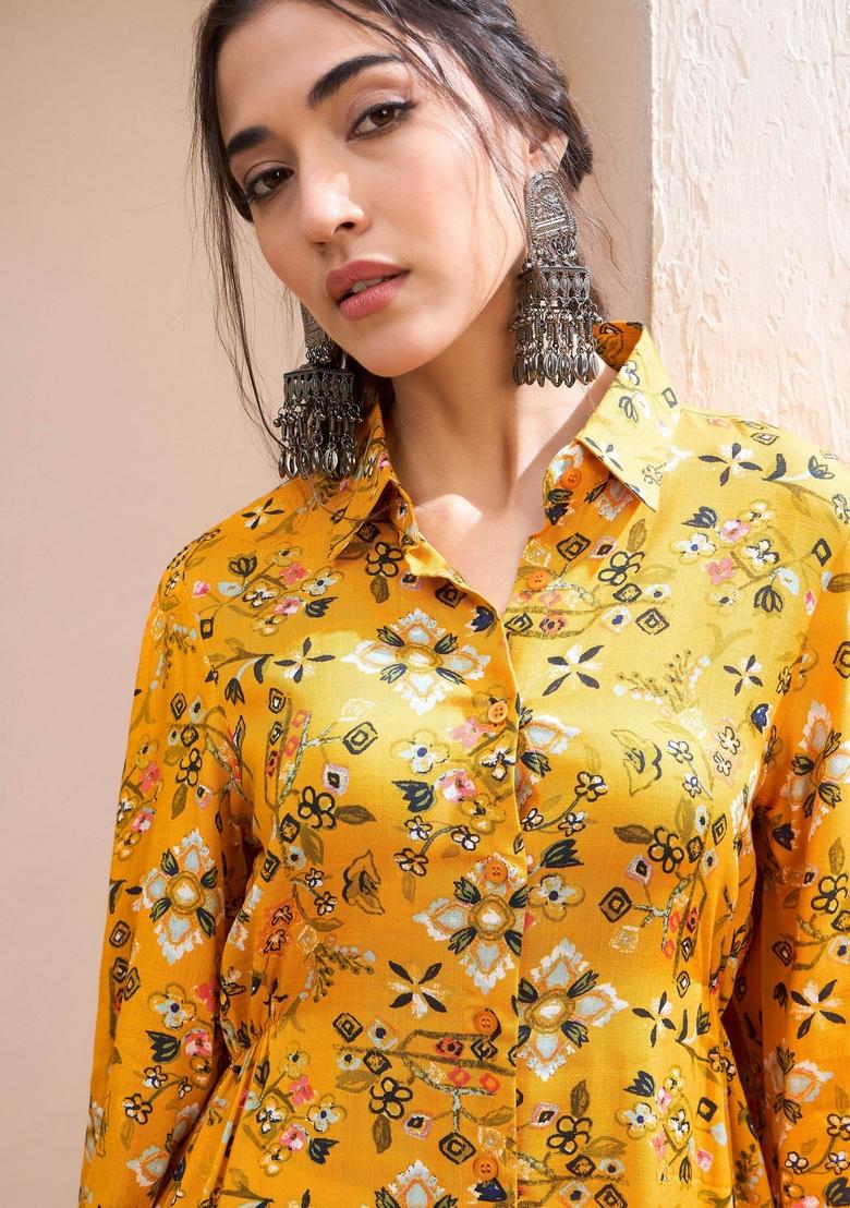 Mustard Yellow Embroidered Rayon Kurti