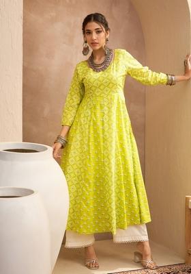 Green Embroidered Cotton Anarkali Kurta