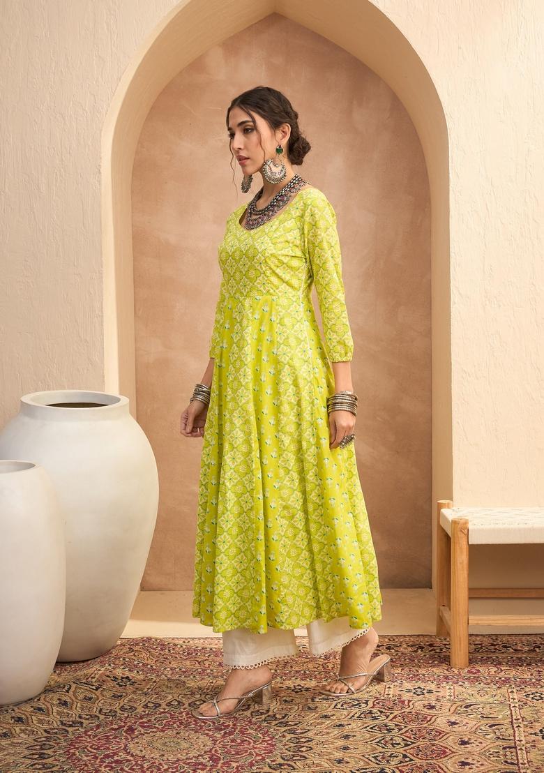 Green Embroidered Cotton Anarkali Kurta