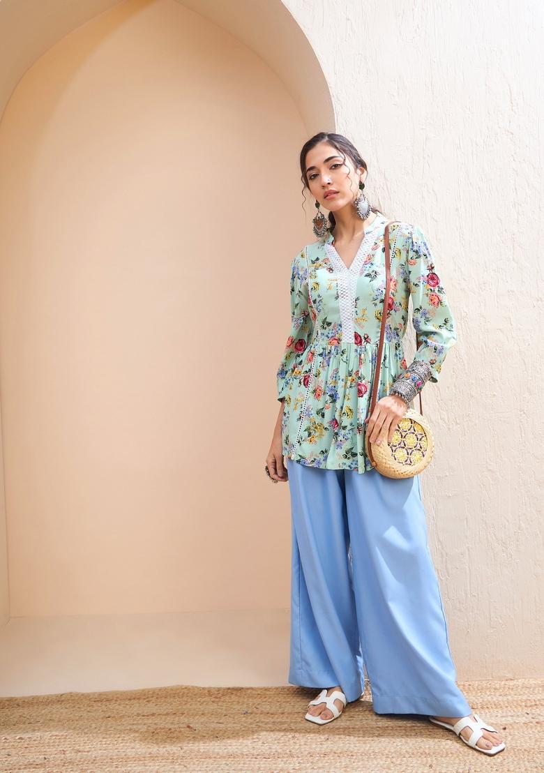 Green Embroidered Rayon Kurti