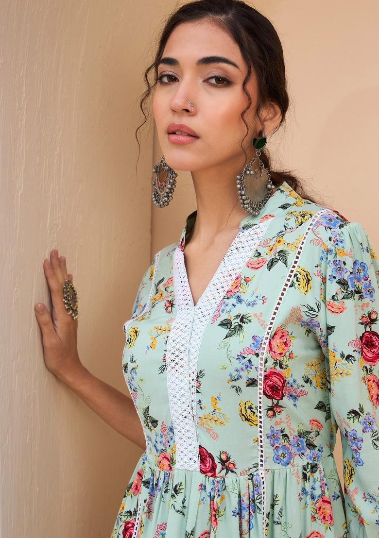 Green Embroidered Rayon Kurti