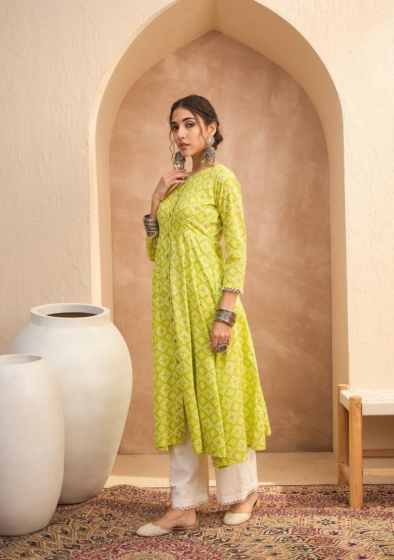 Green Embroidered Cotton Kurta