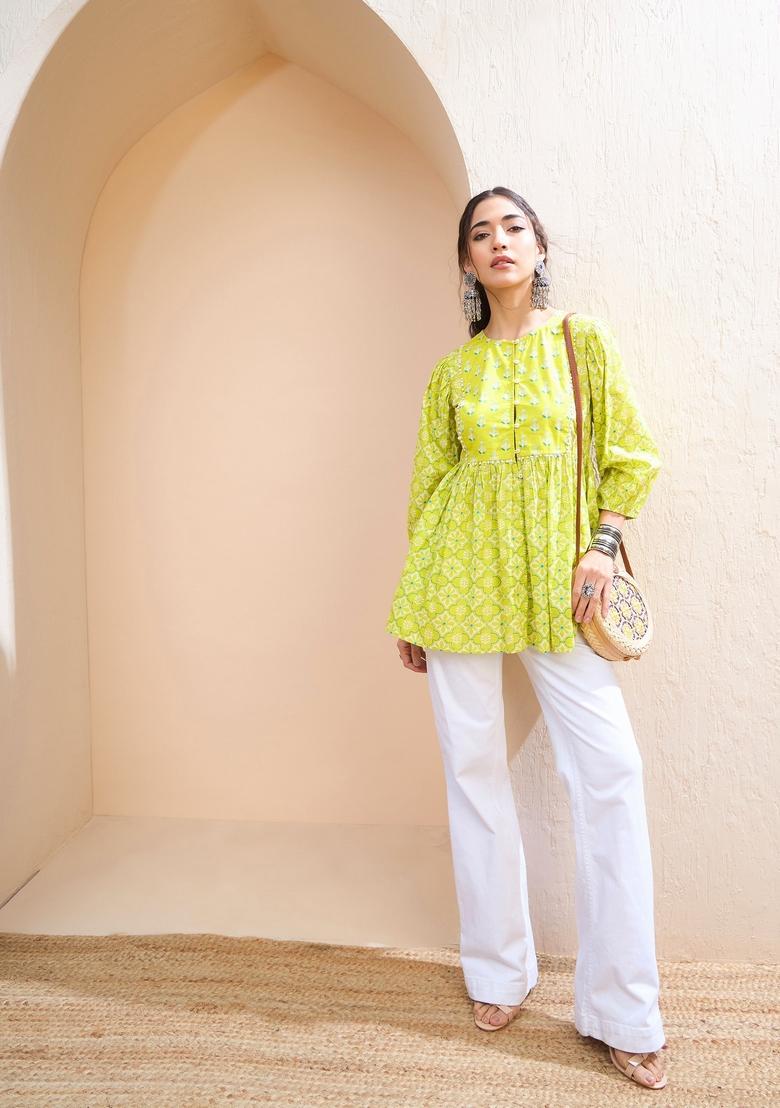 Green Embroidered Cotton Kurti