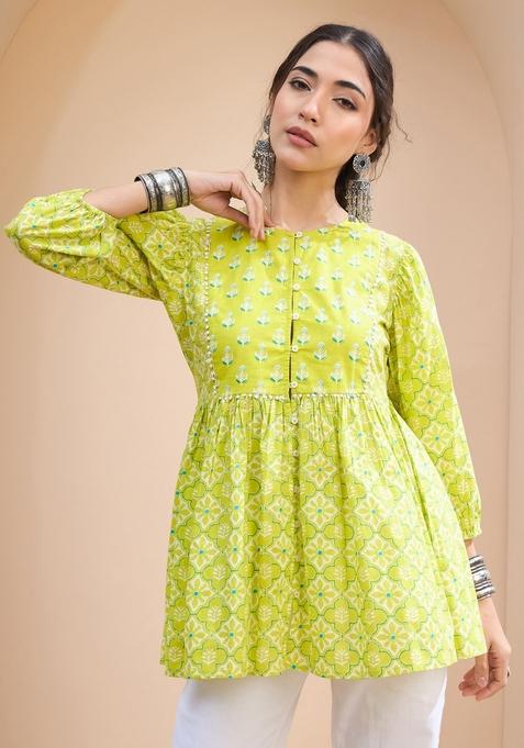 Green Embroidered Cotton Kurti