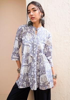 Grey Embroidered Cotton Kurti