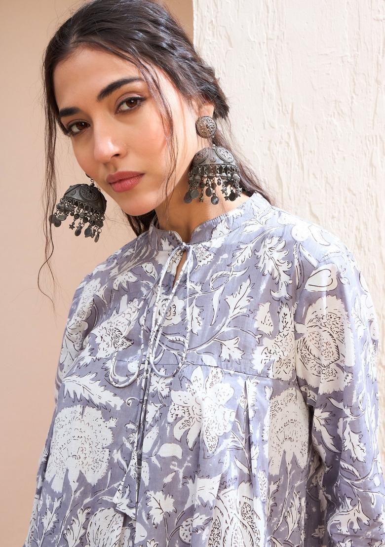 Grey Embroidered Cotton Kurti