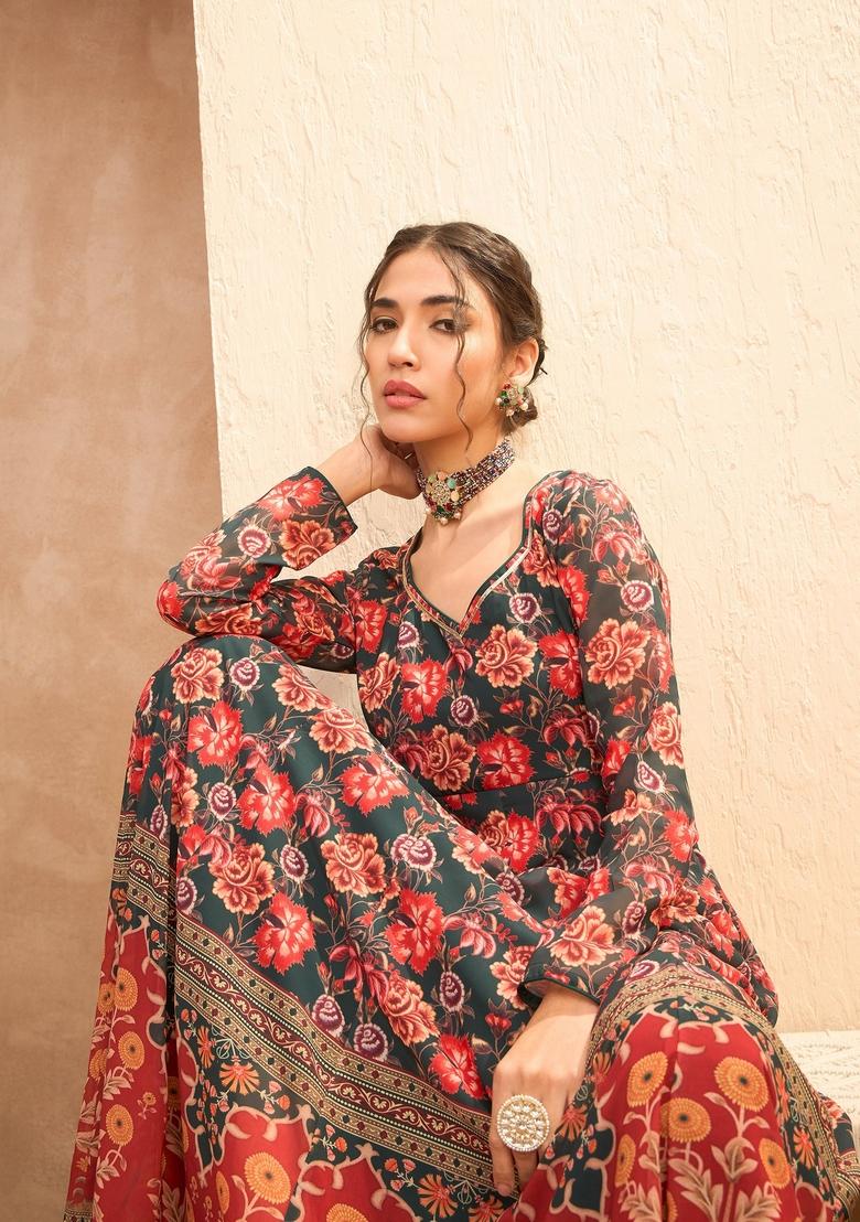 Green Embroidered Polyester Anarkali Kurta