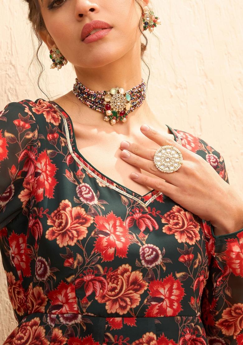 Green Embroidered Polyester Anarkali Kurta