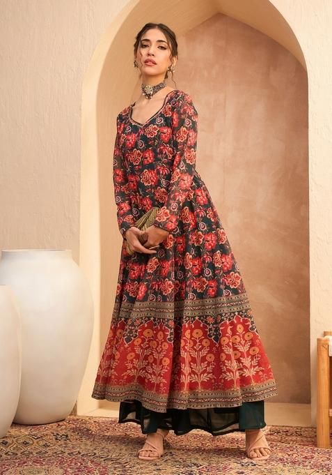 Green Embroidered Polyester Anarkali Kurta