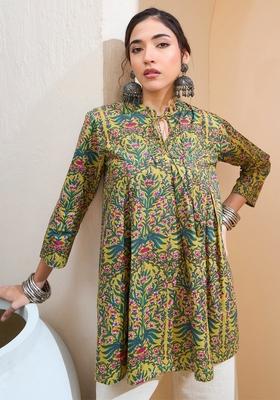 Mustard Yellow Embroidered Cotton Kurti
